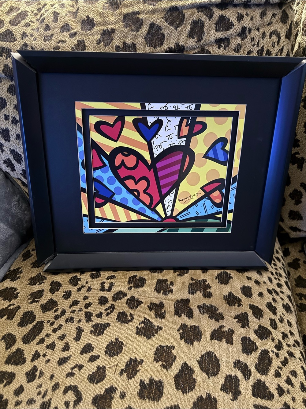 Romero Britto A New Day Colorful Pop Art Heart Print in Black Frame
